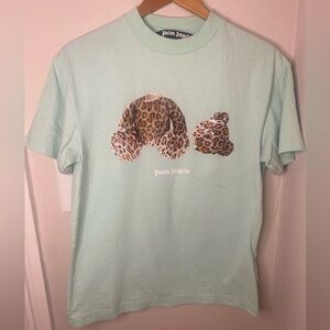 Palm Angels Light Green Tee with Leopard Bear Graphic